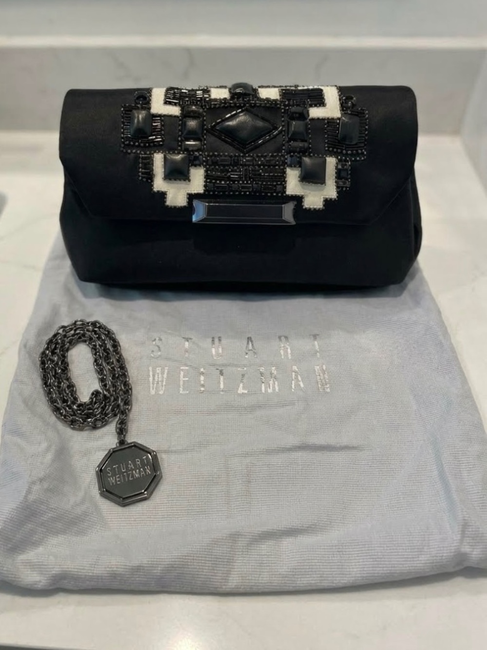 Stuart Weitzman Black Silk Evening Clutch - Art Deco Beaded & Jeweled